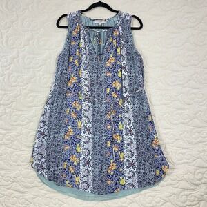 Loft Sleeveless Tunic Dress Blue Floral Patchwork Split Neck Tie Waist Small